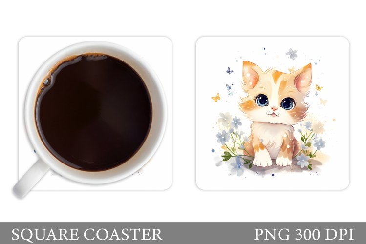 Cute Cat Coaster Design. Cat Flowers Coaster Sublimation
