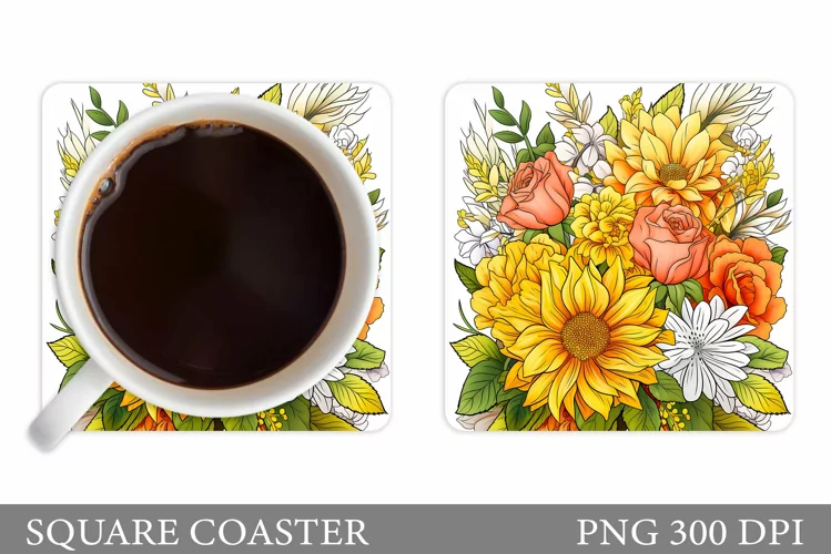 Flowers Square Coaster Sublimation. Flowers Coaster Design