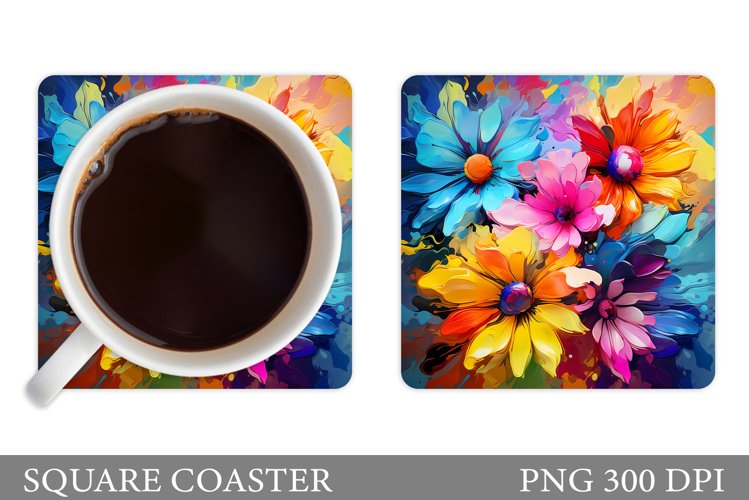 Flowers Square Coaster Design. Colorful Flowers Coaster