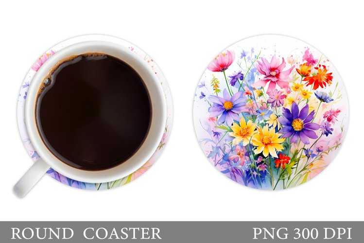 Wildflowers Coaster Design. Flowers Round Coaster Template