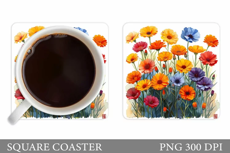 Flowers Square Coaster Sublimation. Flowers Coaster Design