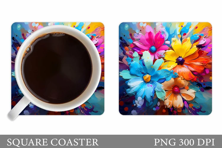 Colorful Flowers Coaster Design. Flowers Square Coaster