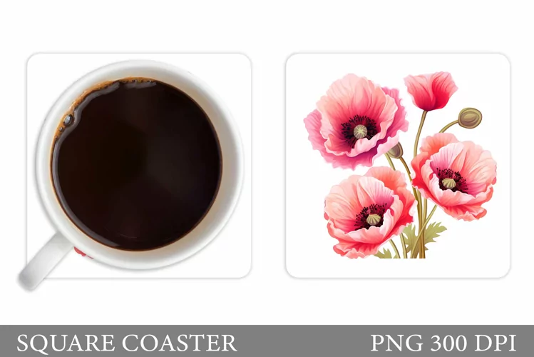 Flowers Poppies Coaster Sublimation. Flowers Coaster Design