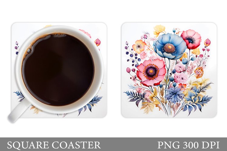 Flowers Square Coaster Sublimation. Flowers Coaster Design example image 1