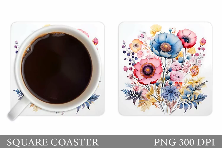 Flowers Square Coaster Sublimation. Flowers Coaster Design