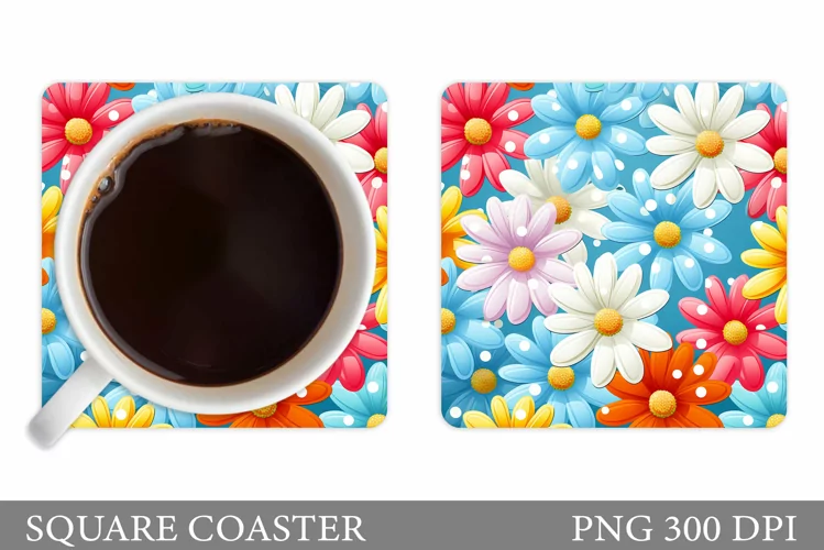 Daisy Flowers Coaster. Square Coaster Flowers Design