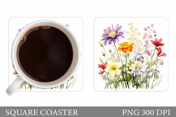 Wildflowers Coaster Design. Square Coaster Flowers Template