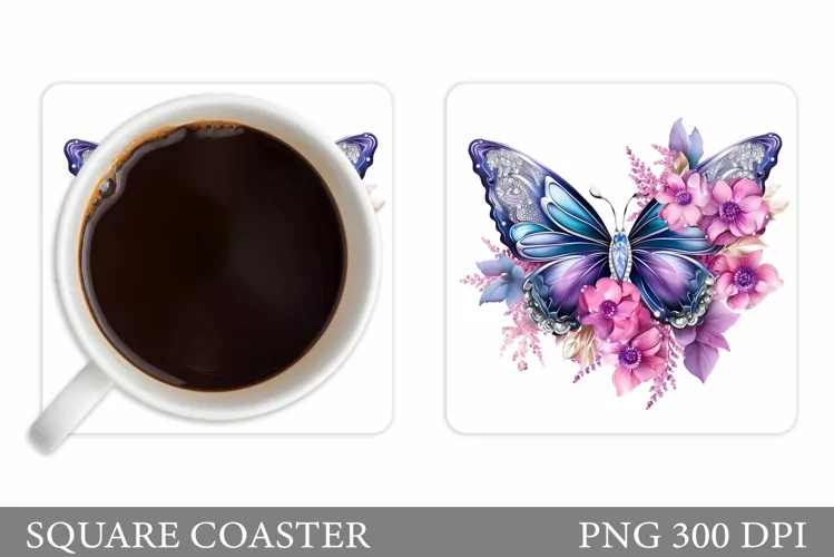 Butterfly Coaster Design. Floral Coaster Sublimation