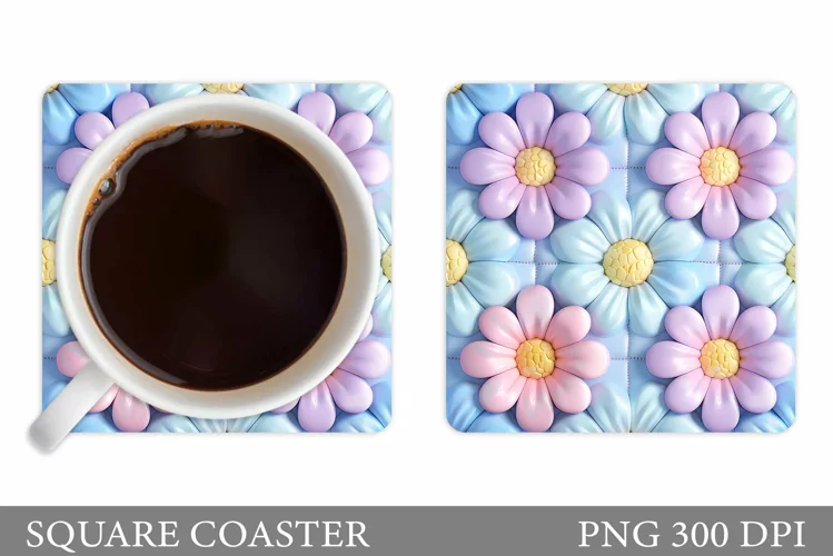 3D Daisy Flowers Coaster. Square Coaster Flowers Design