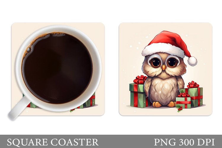 Christmas Owl Coaster Sublimation. Cute Owl Square Coaster