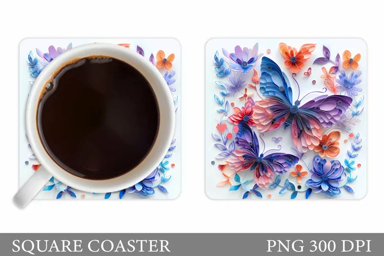 Butterflies Coaster Design. Floral Coaster Sublimation