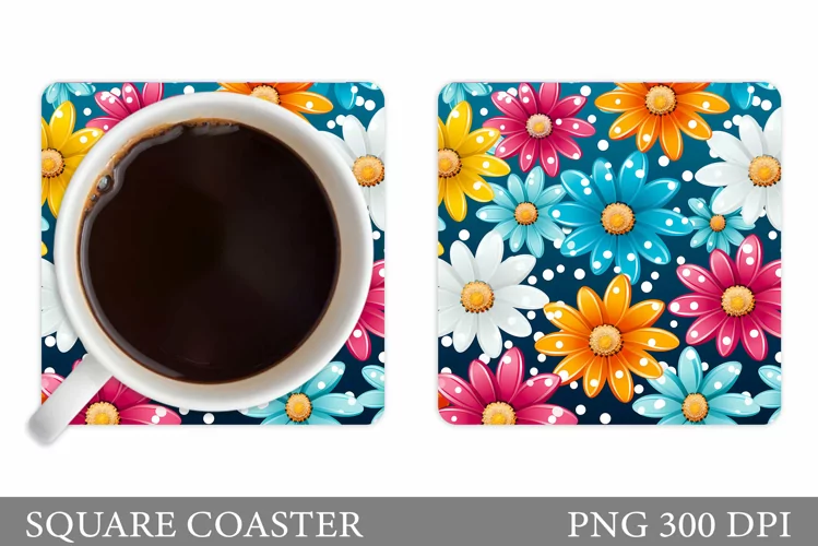 Colorful Daisy Flowers Coaster. Square Coaster Flowers