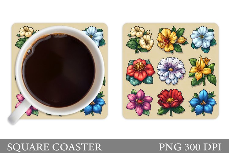 Flowers Square Coaster Sublimation. Flowers Coaster Design