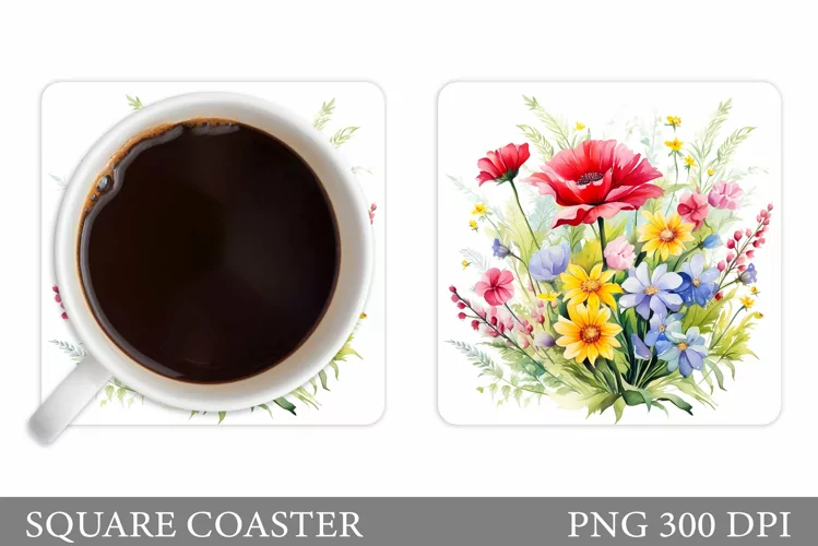 Wildflowers Coaster Design. Flowers Square Coaster