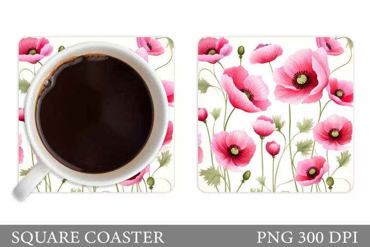 Flowers Poppies Coaster Sublimation. Flowers Coaster Design