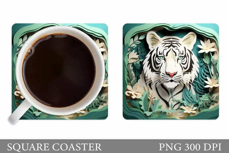3D Tiger Coaster Design. Tiger Flowers Coaster Sublimation