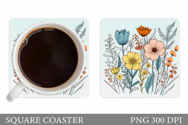 Wildflowers Coaster Design. Square Coaster Flowers Template