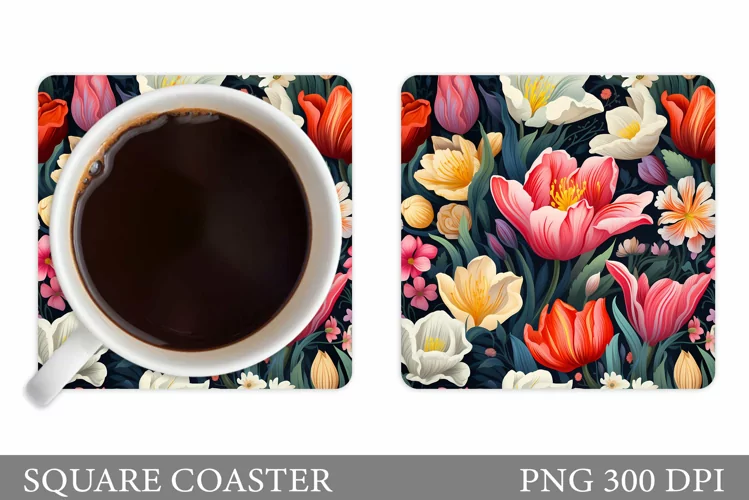Flowers Coaster Sublimation. Square Coaster Flowers Design
