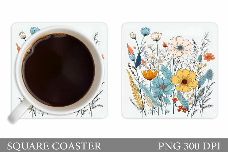 Wildflowers Coaster Design. Square Coaster Flowers Template