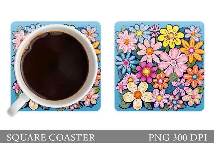 Flowers Square Coaster Sublimation. Flowers Coaster Design