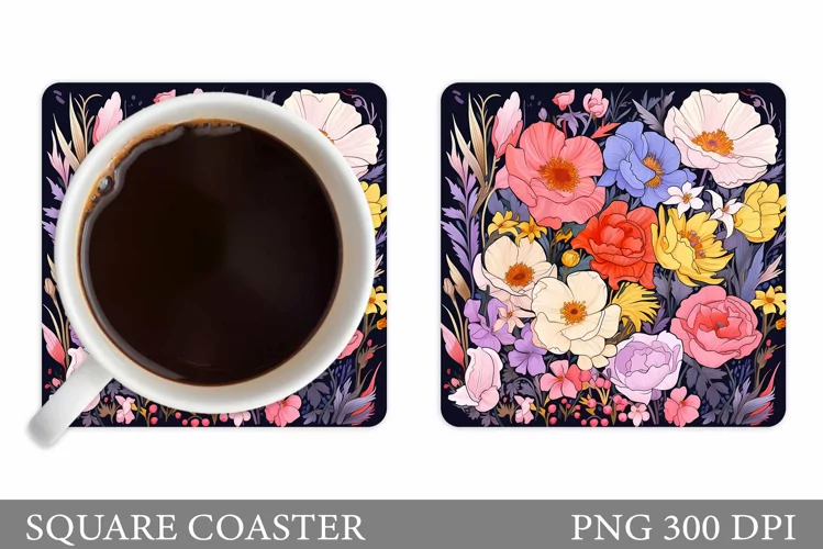 Flowers Square Coaster Sublimation. Flowers Coaster Design