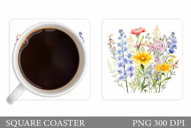 Wildflowers Coaster Design. Square Coaster Flowers Template