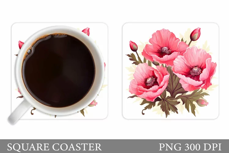 Poppies Coaster Design. Flowers Square Coaster
