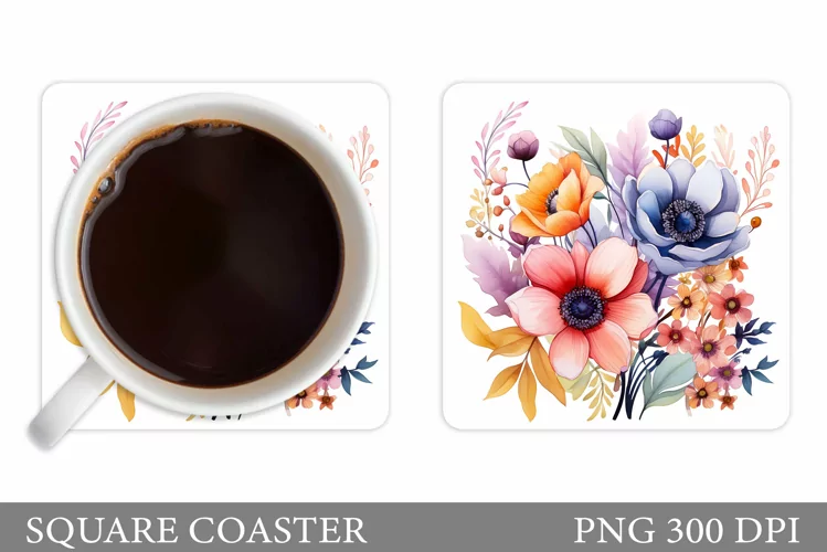 Flowers Square Coaster Sublimation. Flowers Coaster Design