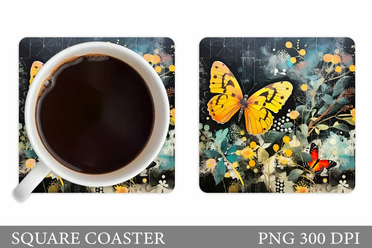 Butterflies Coaster Design. Floral Coaster Sublimation