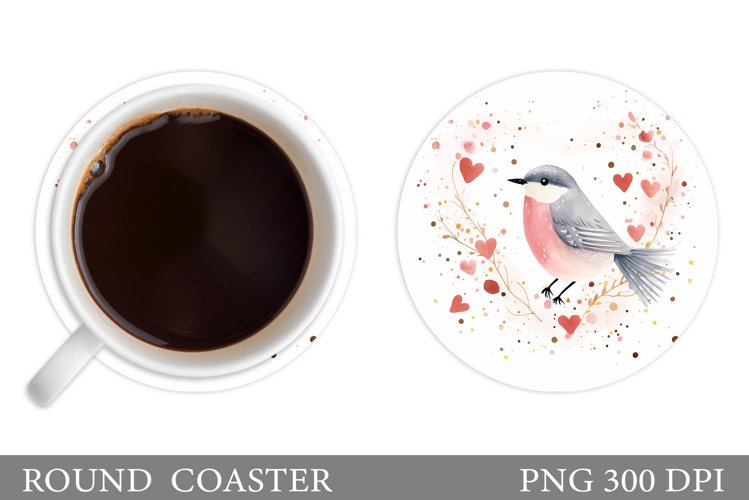 Valentines Bird Coaster Sublimation. Cute Bird Round Coaster example image 1