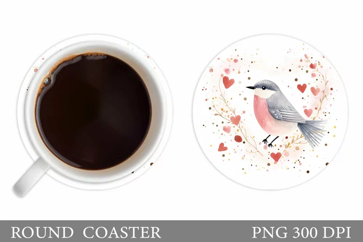 Valentines Bird Coaster Sublimation. Cute Bird Round Coaster