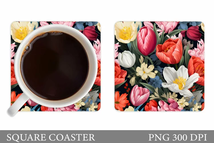 Flowers Coaster Sublimation. Square Coaster Flowers Design
