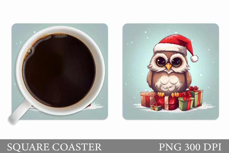 Christmas Owl Square Coaster. Winter Owl Coaster Sublimation