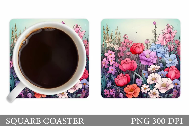 Flowers Coaster Sublimation. Square Coaster Flowers Design