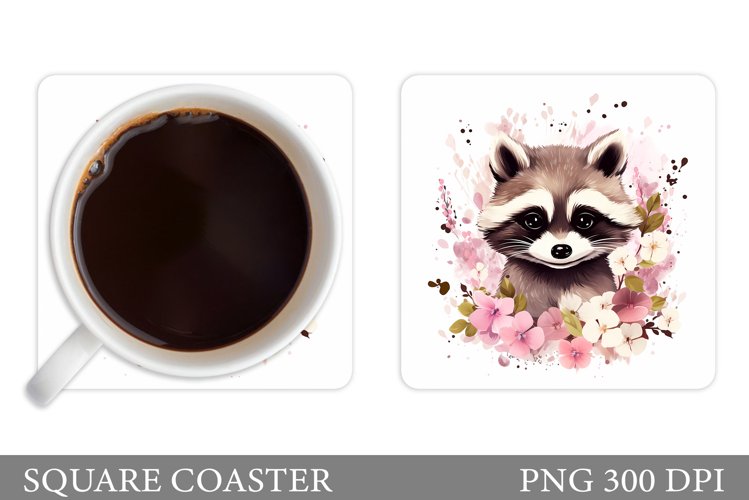 Cute Raccoon Coaster Design. Raccoon Flowers Coaster Sublima example image 1