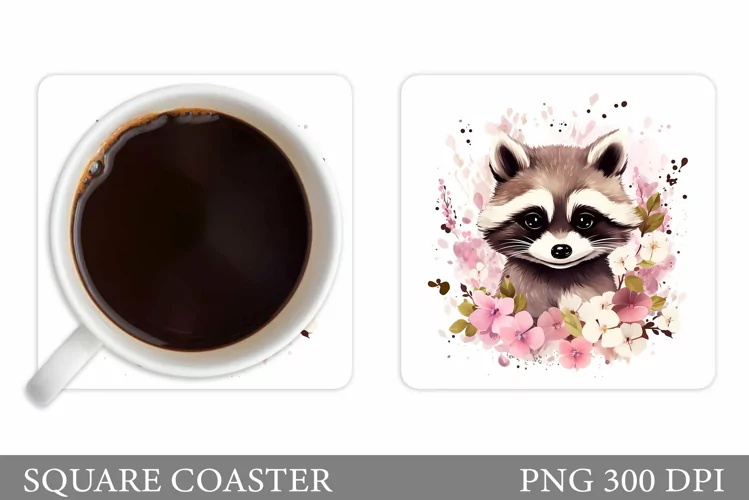 Cute Raccoon Coaster Design. Raccoon Flowers Coaster Sublima