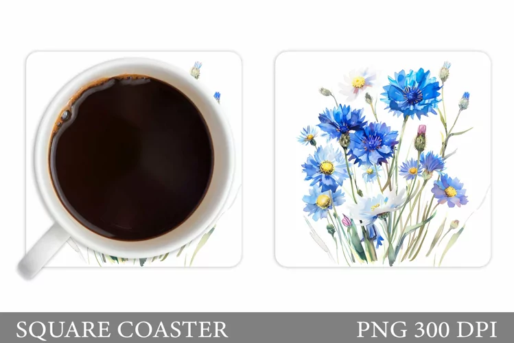 Cornflowers Coaster Design. Flowers Square Coaster