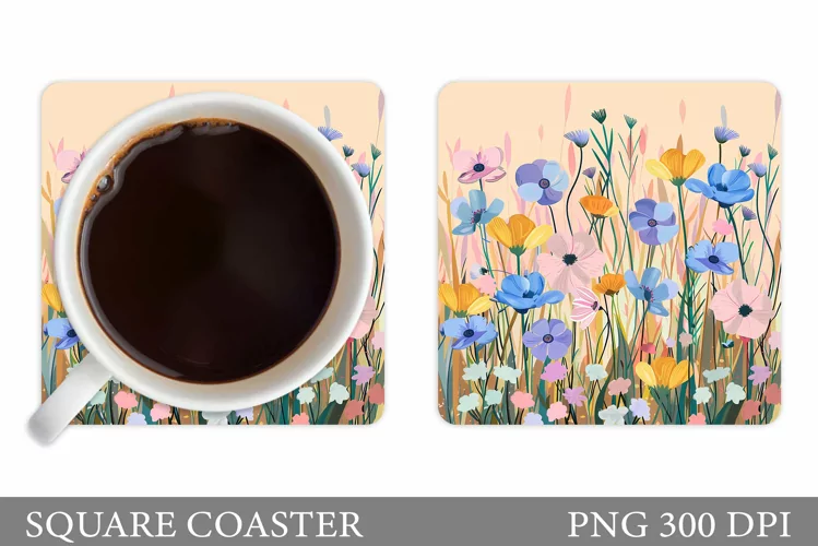 Wildflowers Coaster Design. Square Coaster Flowers Template