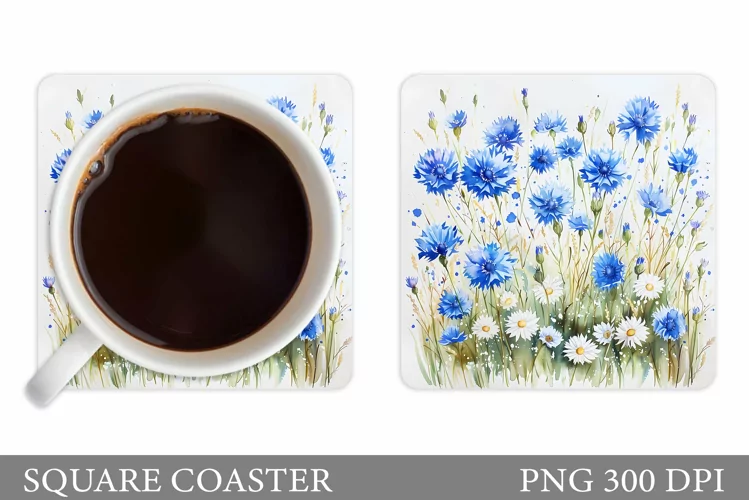 Flowers Coaster Sublimation. Cornflowers Coaster Design