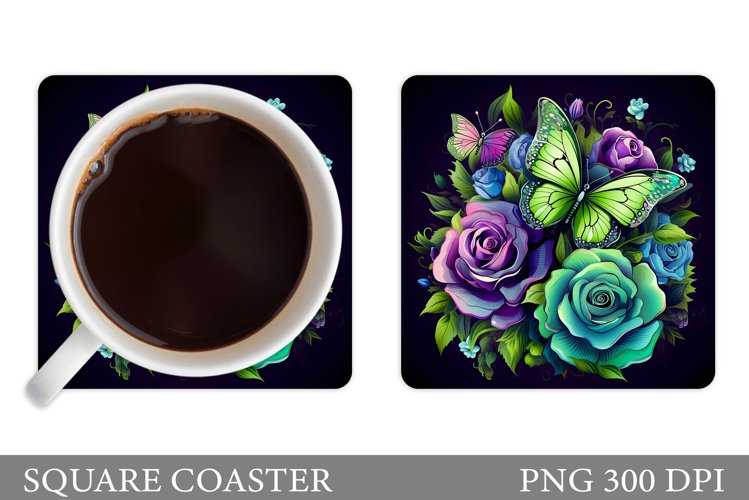 Floral Coaster Sublimation. Butterflies Coaster Design example image 1