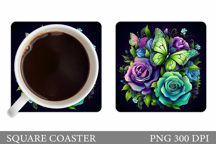 Floral Coaster Sublimation. Butterflies Coaster Design