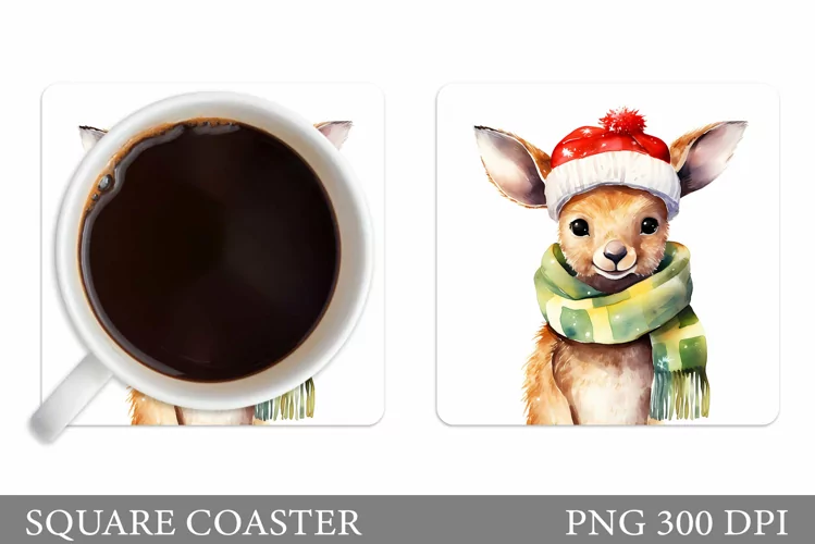 Christmas Kangaroo Coaster. Cute Kangaroo Square Coaster