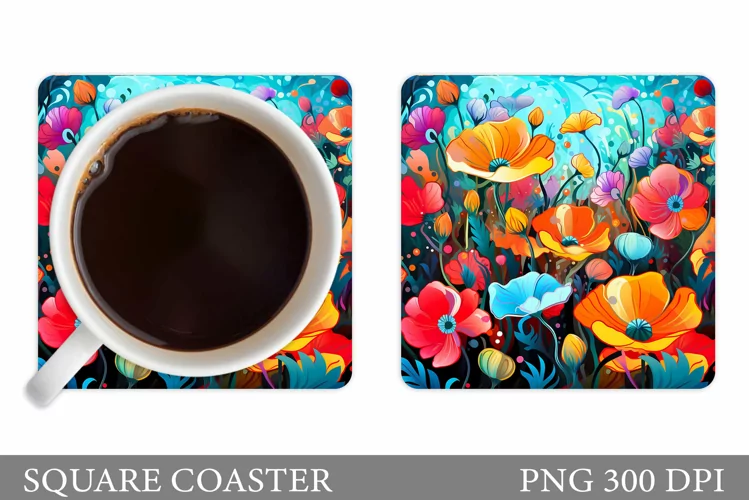 Flowers Coaster Sublimation. Square Coaster Flowers Design
