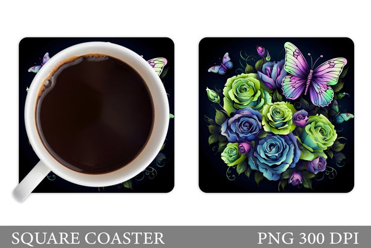 Butterflies Coaster Sublimation. Roses Coaster Design