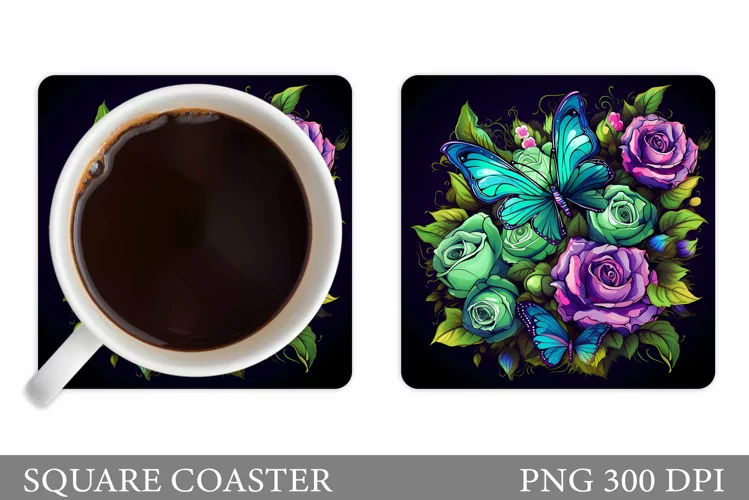 Floral Coaster Sublimation. Butterflies Coaster Design