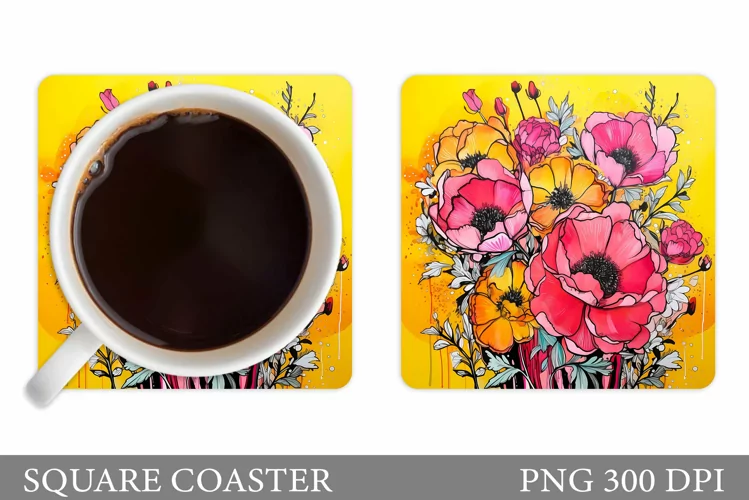 Flowers Square Coaster Sublimation. Flowers Coaster Design