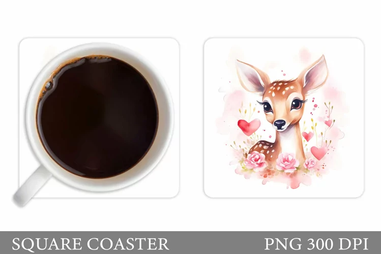 Valentines Deer Coaster. Cute Deer Square Coaster Design