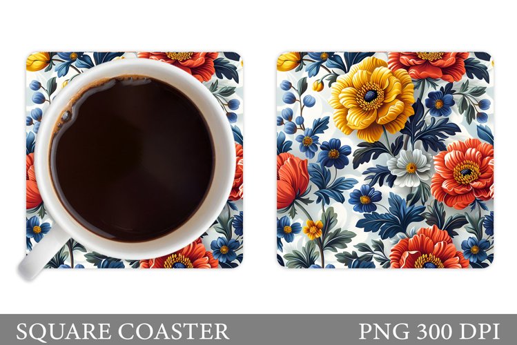 Flowers Square Coaster Sublimation. Flowers Coaster Design example image 1