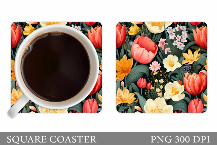 Flowers Square Coaster Sublimation. Flowers Coaster Design