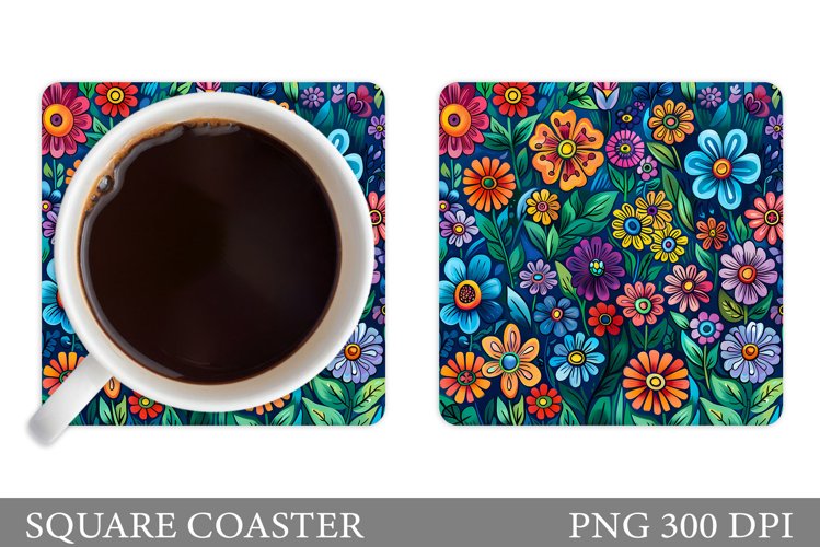 Flowers Square Coaster Sublimation. Flowers Coaster Design example image 1